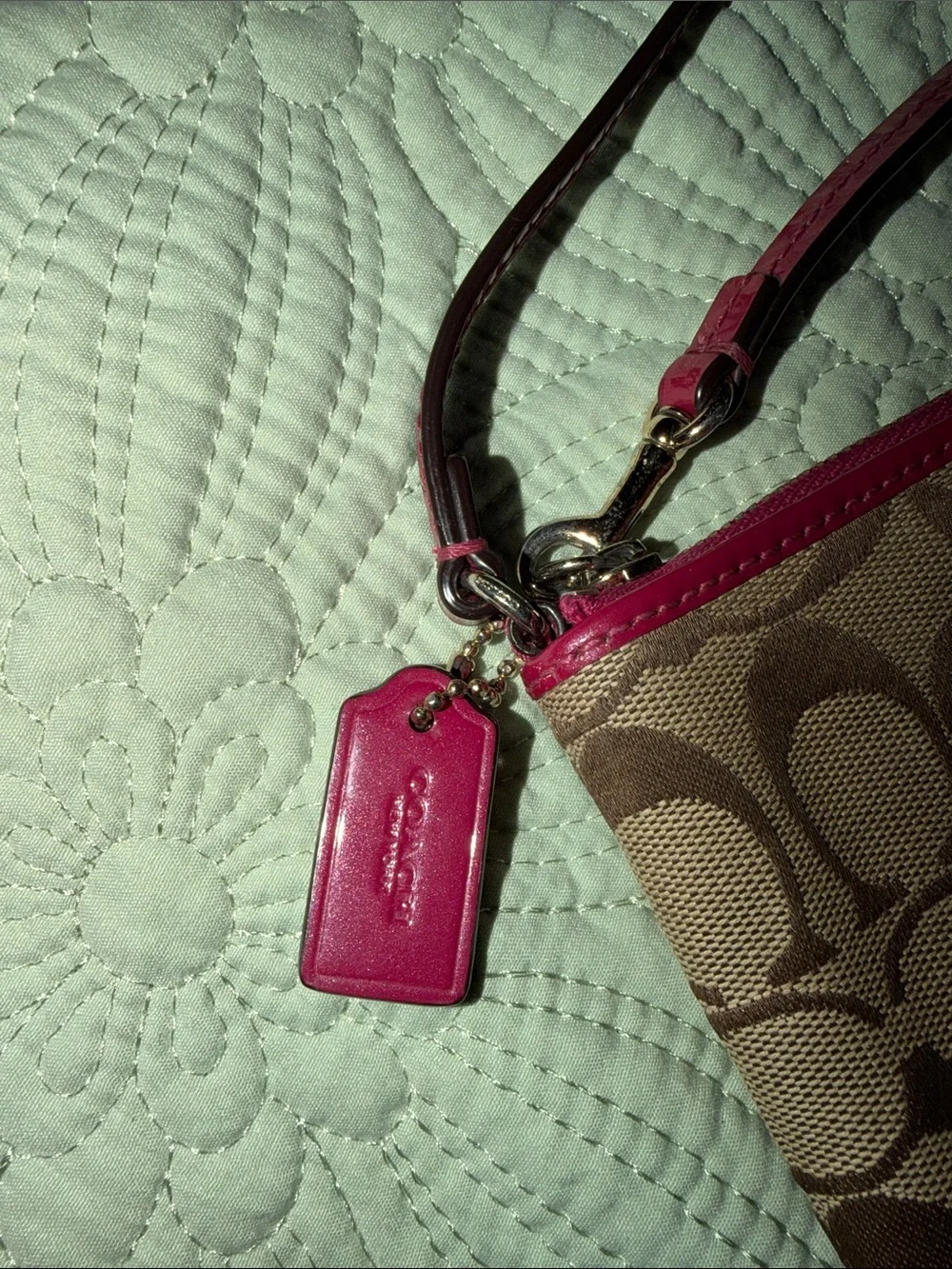 Coach Khaki Canvas Wristlet with Pink Trim